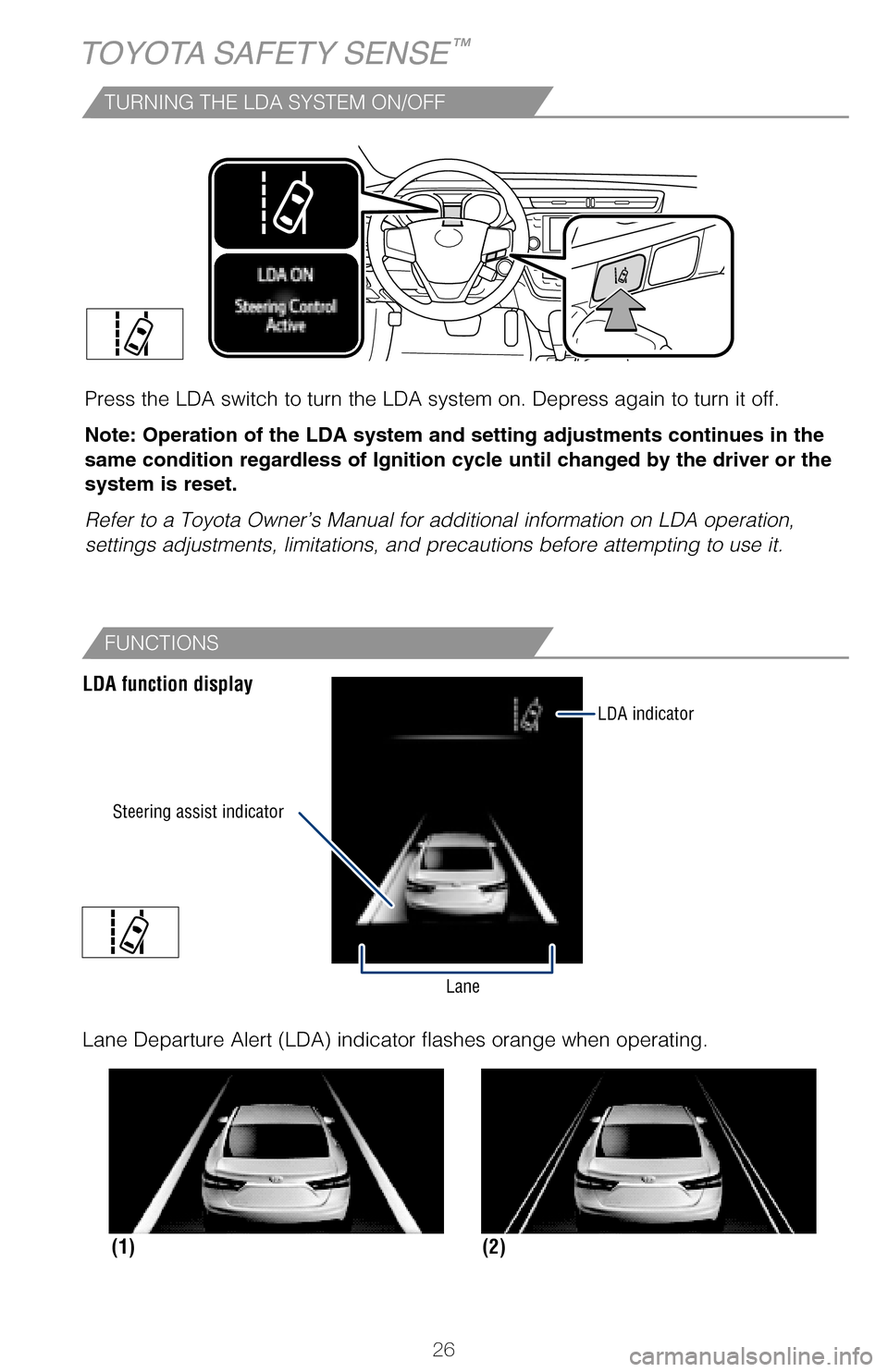 TOYOTA AVALON 2017 XX40 / 4.G Quick Reference Guide 26
TOYOTA SAFETY SENSE™
TURNING THE LDA SYSTEM ON/OFF
Press the LDA switch to turn the LDA system on. Depress again to turn it\
off.
Note: Operation of the LDA system and setting adjustments contin TOYOTA AVALON 2017 XX40 / 4.G Quick Reference Guide 26
TOYOTA SAFETY SENSE™
TURNING THE LDA SYSTEM ON/OFF
Press the LDA switch to turn the LDA system on. Depress again to turn it\
off.
Note: Operation of the LDA system and setting adjustments contin