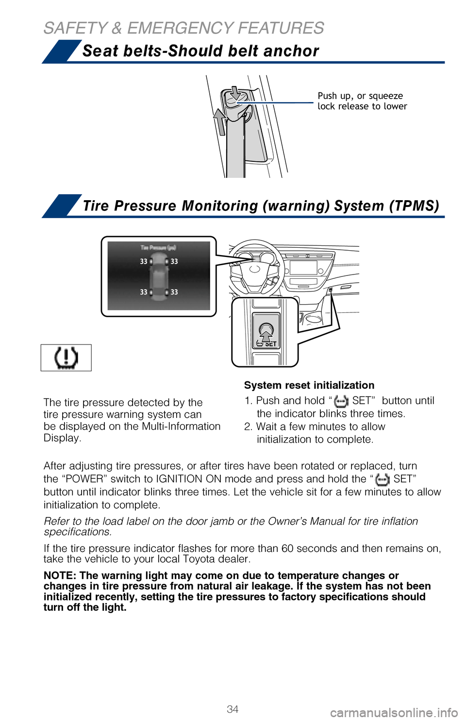 TOYOTA AVALON 2017 XX40 / 4.G Quick Reference Guide 34
Seat belts-Should belt anchor
Tire Pressure Monitoring (warning) System (TPMS)
SAFETY & EMERGENCY FEATURES
Push up, or squeeze 
lock release to lower
System reset initialization
1. Push and hold �