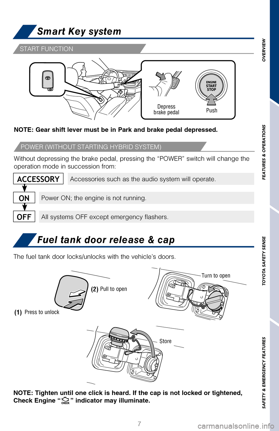 TOYOTA AVALON 2017 XX40 / 4.G Quick Reference Guide OVERVIEW
FEATURES & OPERATIONS
TOYOTA SAFETY SENSE
SAFETY & EMERGENCY FEATURES
7
Smart Key system
Fuel tank door release & cap
NOTE: If a door is not opened within 30 seconds of unlocking, all doors \