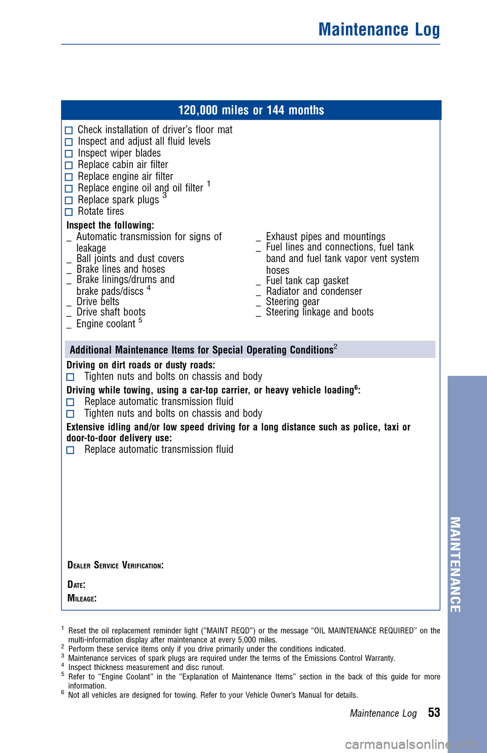 TOYOTA AVALON 2017 XX40 / 4.G Warranty And Maintenance Guide JOBNAME: 2372863-en-2017_AVAL PAGE: 53 SESS: 5 OUTPUT: Mon Sep 12 11:21:34 2016
/InfoShareAuthorCODA/InfoShareAuthorCODA/TS_Warr_Maint/2372863-en-2017_A\
VALON.00505-17WMG-AVA_/TS_Warr_Maint_v1
120,00