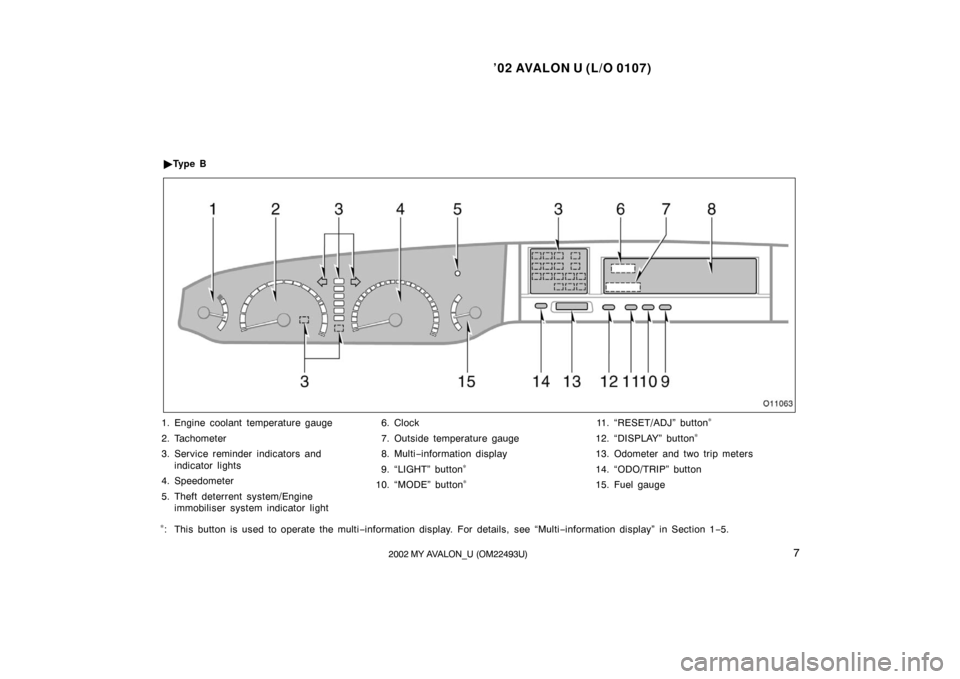 TOYOTA AVALON 2002 XX20 / 2.G User Guide ’02 AVALON U (L/O 0107)
72002 MY AVALON_U (OM22493U)
1. Engine coolant temperature gauge
2. Tachometer
3. Service reminder indicators andindicator lights
4. Speedometer
5. Theft deterrent system/Eng
