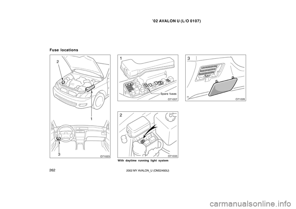 TOYOTA AVALON 2002 XX20 / 2.G Owners Manual ’02 AVALON U (L/O 0107)
2622002 MY AVALON_U (OM22493U)
Spare fuses
With daytime running light system
Fuse locations 