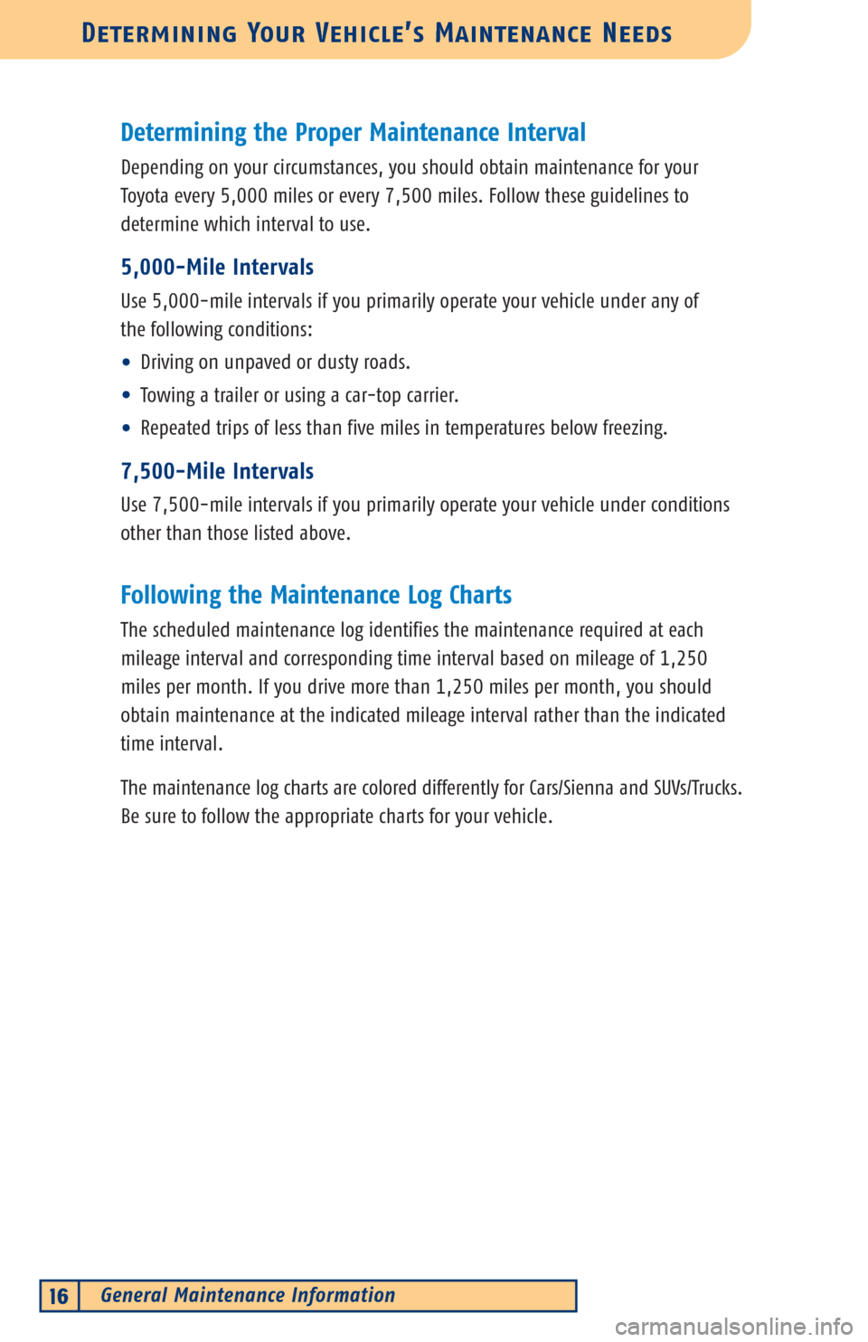 TOYOTA AVALON 2002 XX20 / 2.G Scheduled Maintenance Guide General Maintenance Information16
Determining Your Vehicle’s Maintenance Needs
Determining the Proper Maintenance Interval
Depending on your circumstances, you should obtain maintenance for your
Toy