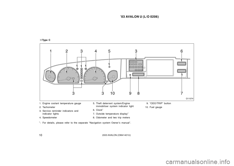 TOYOTA AVALON 2003 XX20 / 2.G User Guide ’03 AVALON U (L/O 0206)
102003 AVALON (OM41401U)
1. Engine coolant temperature gauge
2. Tachometer
3. Service reminder indicators and
indicator lights
4. Speedometer5. Theft deterrent system/Engine

