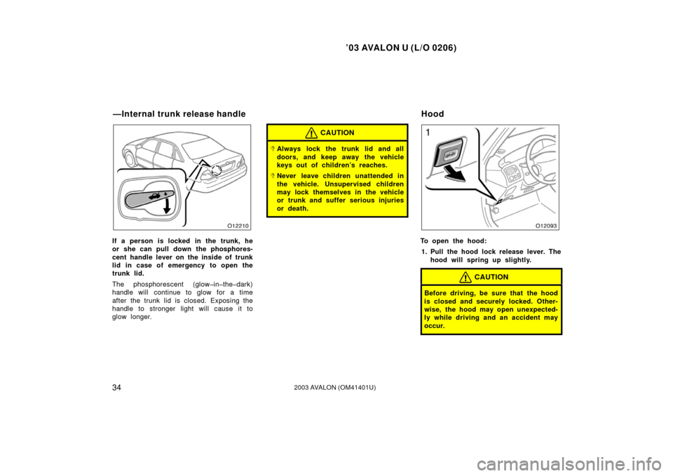 TOYOTA AVALON 2003 XX20 / 2.G Owners Manual ’03 AVALON U (L/O 0206)
342003 AVALON (OM41401U)
If a person is locked in the trunk, he
or she can pull down the phosphores-
cent handle lever on the inside of trunk
lid in case of emergency to open