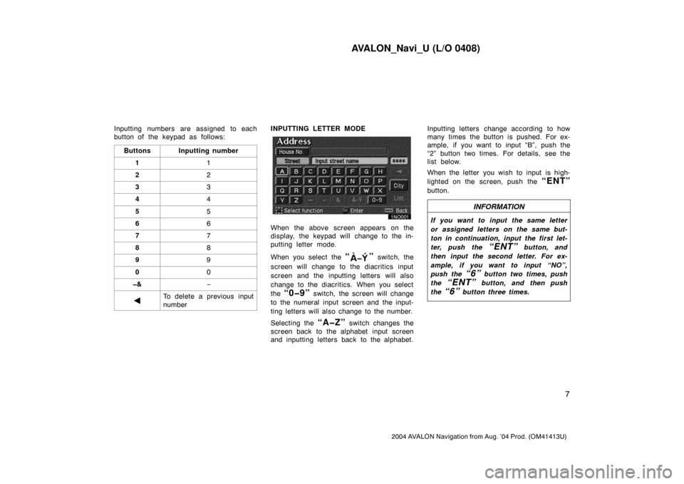 TOYOTA AVALON 2004 XX30 / 3.G Navigation Manual AVALON_Navi_U (L/O 0408)
7
2004 AVALON Navigation from Aug. ’04 Prod. (OM41413U)
Inputting numbers are assigned to each
button of the keypad as follows:
Buttons
Inputting number
11
22
33
44
55
66
77