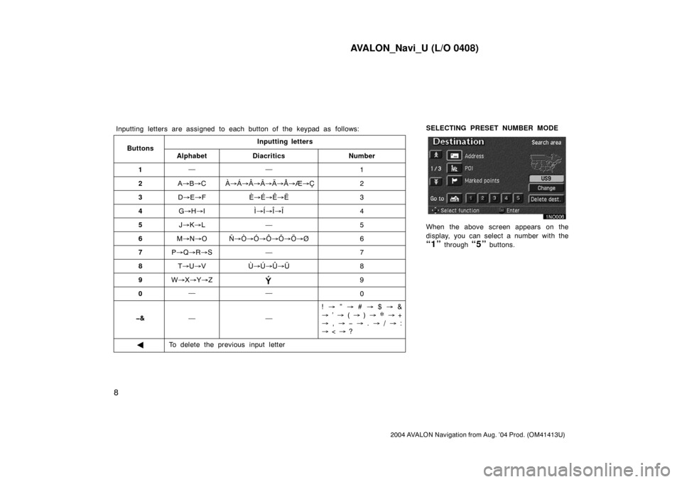 TOYOTA AVALON 2004 XX30 / 3.G Navigation Manual AVALON_Navi_U (L/O 0408)
8
2004 AVALON Navigation from Aug. ’04 Prod. (OM41413U)
SELECTING PRESET NUMBER MODE
When the above screen appears on the
display, you can select a number with the
“1” t