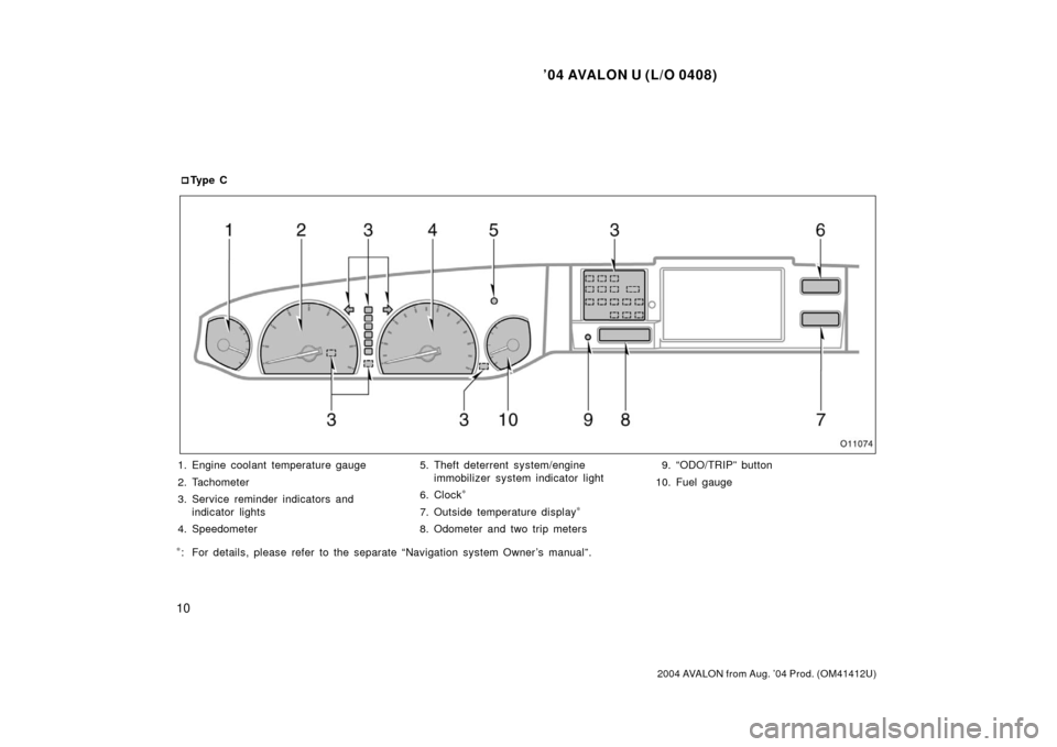 TOYOTA AVALON 2004 XX30 / 3.G User Guide ’04 AVALON U (L/O 0408)
10
2004 AVALON from Aug. ’04 Prod. (OM41412U)
1. Engine coolant temperature gauge
2. Tachometer
3. Service reminder indicators andindicator lights
4. Speedometer 5. Theft d