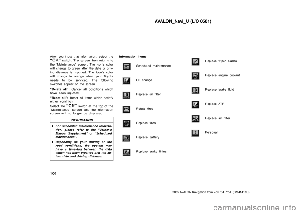 TOYOTA AVALON 2005 XX30 / 3.G Navigation Manual AVALON_Navi_U (L/O 0501)
100
2005 AVALON Navigation from Nov. ’04 Prod. (OM41410U)
After you input that information, select the
“OK” switch. The screen then returns to
the “Maintenance” scr TOYOTA AVALON 2005 XX30 / 3.G Navigation Manual AVALON_Navi_U (L/O 0501)
100
2005 AVALON Navigation from Nov. ’04 Prod. (OM41410U)
After you input that information, select the
“OK” switch. The screen then returns to
the “Maintenance” scr