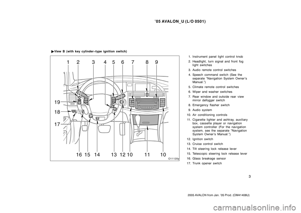 TOYOTA AVALON 2005 XX30 / 3.G User Guide ’05 AVALON_U (L/O 0501)
3
2005 AVALON from Jan. ’05 Prod. (OM41408U)
1. Instrument panel light control knob
2. Headlight, turn signal and front foglight switches
3. Audio remote control switches
4