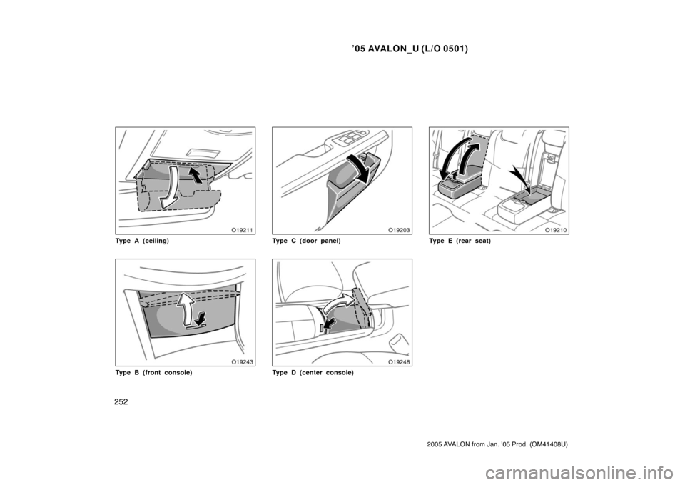 TOYOTA AVALON 2005 XX30 / 3.G Owners Manual ’05 AVALON_U (L/O 0501)
252
2005 AVALON from Jan. ’05 Prod. (OM41408U)
Type A (ceiling)
Type B (front console)
Type C (door panel)
Type D (center console)
Type E (rear seat) 