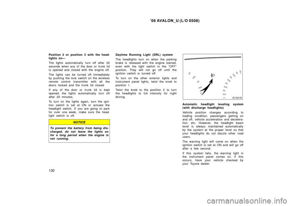 TOYOTA AVALON 2006 XX30 / 3.G Owners Manual ’06 AVALON_U (L/O 0508)
130
Position 2 or position 3 with the head-
lights on—
The lights automatically turn off after 30
seconds when any of the door or trunk lid
is opened and closed with the en TOYOTA AVALON 2006 XX30 / 3.G Owners Manual ’06 AVALON_U (L/O 0508)
130
Position 2 or position 3 with the head-
lights on—
The lights automatically turn off after 30
seconds when any of the door or trunk lid
is opened and closed with the en