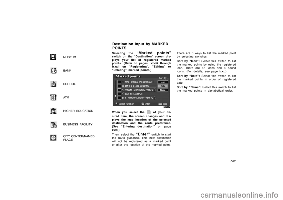 TOYOTA AVALON 2007 XX30 / 3.G Navigation Manual xxv
MUSEUM
BANK
SCHOOL
AT M
HIGHER EDUCATION
BUSINESS FACILITY
CITY CENTER/NAMED
PLACE
Selecting the “Marked points”switch on the “Destination” screen dis-
plays your list of registered marked