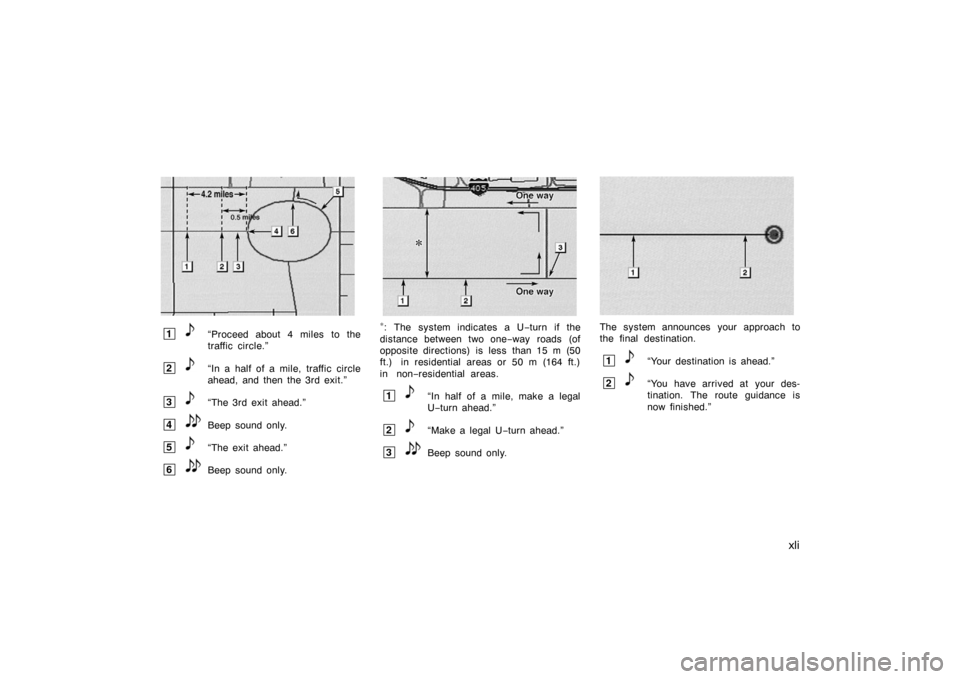 TOYOTA AVALON 2007 XX30 / 3.G Navigation Manual xli
SSNU188
 1“Proceed about 4 miles to the
traffic circle.”
 2“In a half of a mile, traffic circle
ahead, and then the 3rd exit.”
 3“The 3rd exit ahead.”
 4Beep sound only.
 5“The exit 