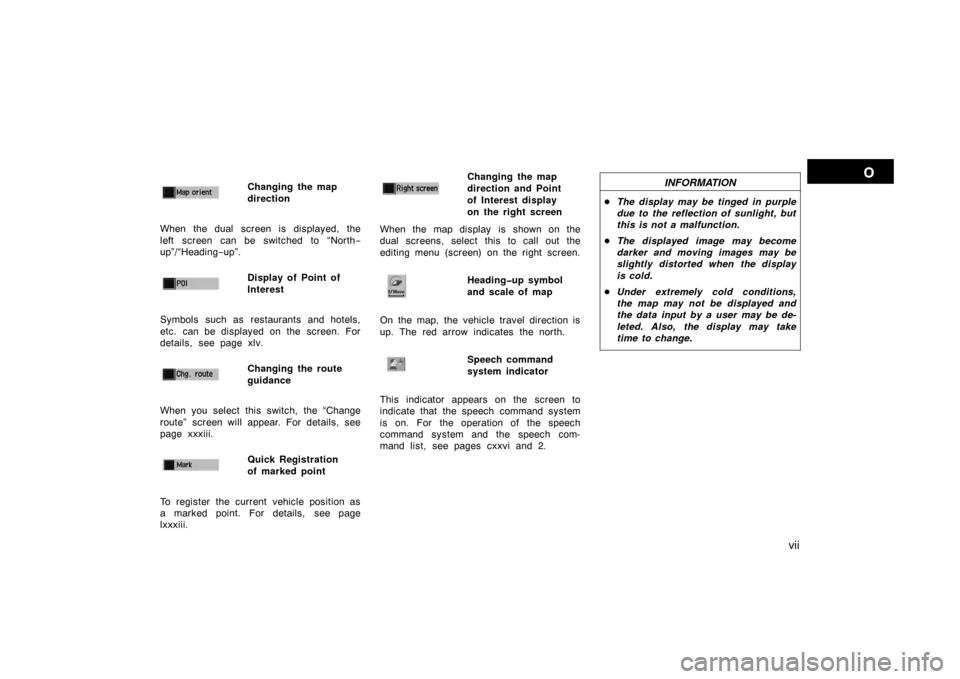 TOYOTA AVALON 2007 XX30 / 3.G Navigation Manual vii
Changing the map
direction
When the dual screen is displayed, the
left screen can be switched to “North−
up”/“Heading−up”.
Display of Point of
Interest
Symbols such as restaurants and 