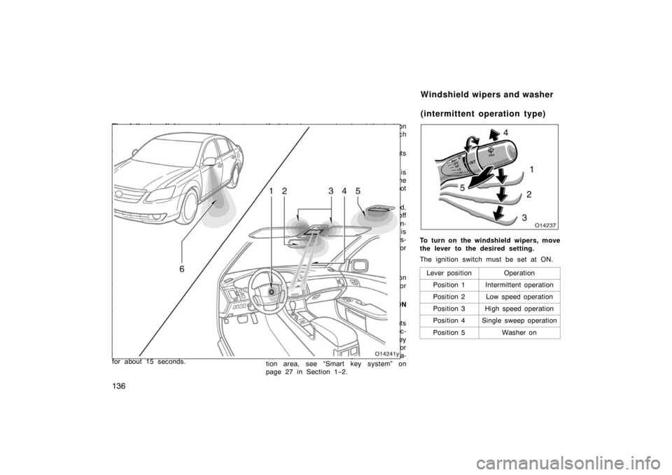 TOYOTA AVALON 2007 XX30 / 3.G Owners Manual 136
The following lights except the center
console illumination and exterior foot
lights will come on when any of the
doors are opened. After all the doors
are closed, the lights remain on for
about 1 TOYOTA AVALON 2007 XX30 / 3.G Owners Manual 136
The following lights except the center
console illumination and exterior foot
lights will come on when any of the
doors are opened. After all the doors
are closed, the lights remain on for
about 1