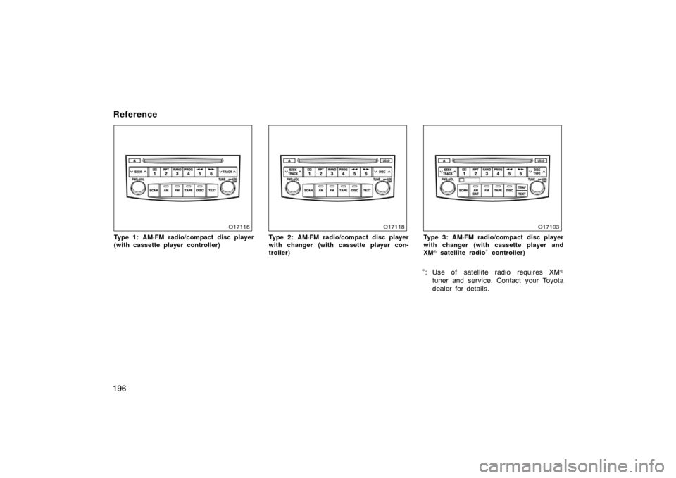 TOYOTA AVALON 2007 XX30 / 3.G Owners Manual 196
Type 1: AM·FM radio/compact disc player
(with cassette player controller)Type 2: AM·FM radio/compact disc player
with changer (with cassette player con-
troller)Type 3: AM·FM radio/compact disc