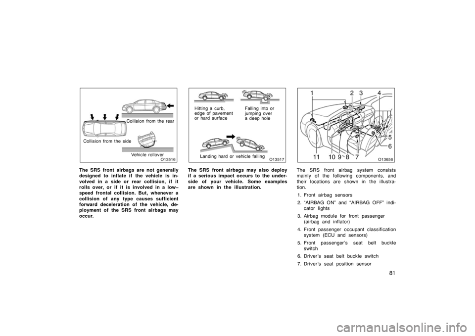 TOYOTA AVALON 2007 XX30 / 3.G Manual Online 81
Collision from the rear
Collision from the side Vehicle rollover
The SRS front airbags are not generally
designed to inflate if  the vehicle is in-
volved in a side or rear collision, if it
rolls o