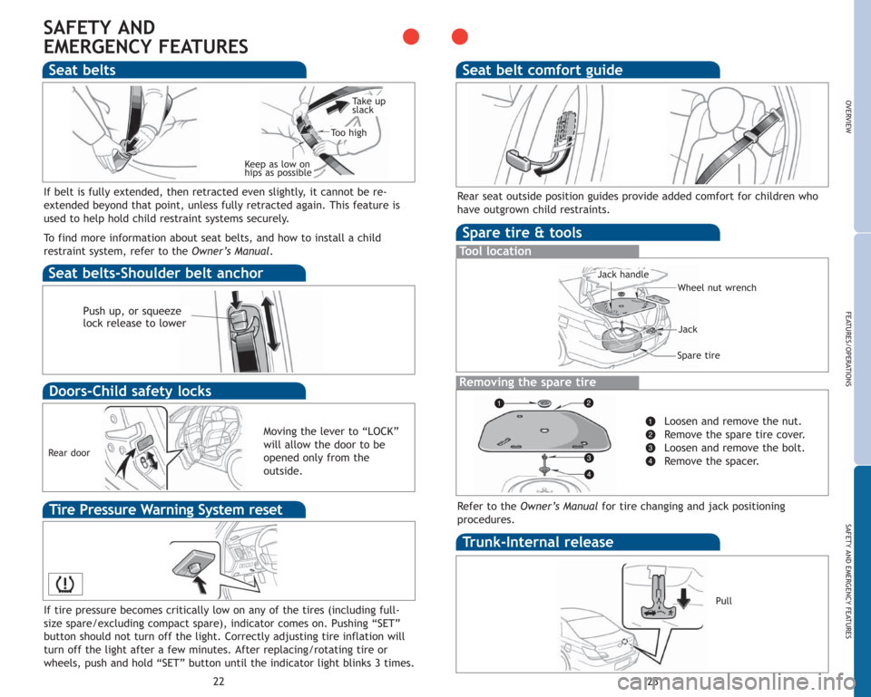 TOYOTA AVALON 2007 XX30 / 3.G Quick Reference Guide 23
SAFETY AND 
EMERGENCY FEATURES
22
OVERVIEW
FEATURES/OPERATIONS
SAFETY AND EMERGENCY FEATURES
Doors-Child safety locks
Seat belts
Seat belts-Shoulder belt anchor
Seat belt comfort guide
Trunk-Intern