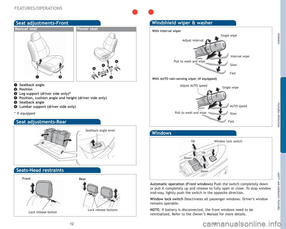 TOYOTA AVALON 2007 XX30 / 3.G Quick Reference Guide 13
Seat adjustments-Rear
Seat adjustments-Front
12
FEATURES/OPERATIONS
Windshield wiper & washer
OVERVIEW
FEATURES/OPERATIONS
SAFETY AND EMERGENCY FEATURES
Windows
Seatback angle
Position
Leg support 