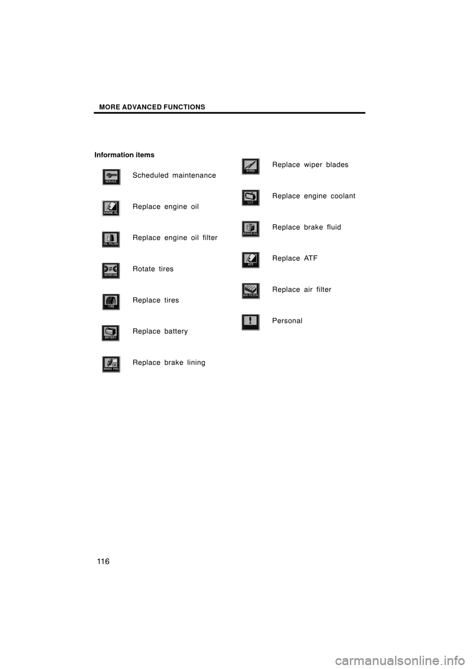 TOYOTA AVALON 2008 XX30 / 3.G Navigation Manual MORE ADVANCED FUNCTIONS
11 6
Information items
Scheduled maintenance
Replace engine oil
Replace engine oil filter
Rotate tires
Replace tires
Replace battery
Replace brake lining
Replace wiper blades
R