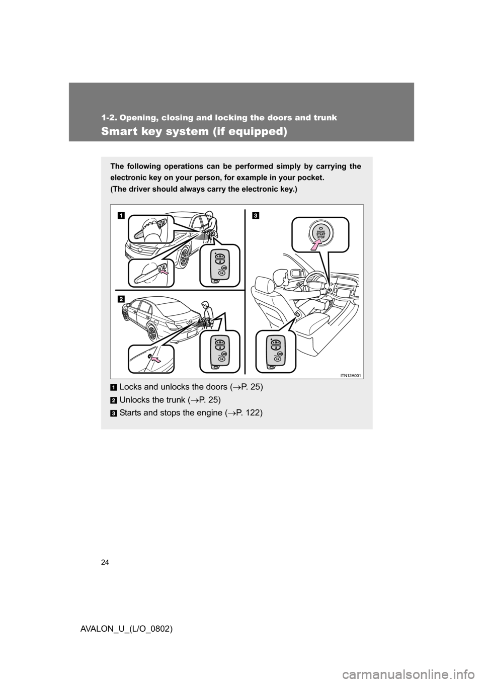 TOYOTA AVALON 2008 XX30 / 3.G Owners Manual 24
AVALON_U_(L/O_0802)
1-2. Opening, closing and locking the doors and trunk
Smart key system (if equipped)
The following operations can be performed simply by carrying the
electronic key on your per TOYOTA AVALON 2008 XX30 / 3.G Owners Manual 24
AVALON_U_(L/O_0802)
1-2. Opening, closing and locking the doors and trunk
Smart key system (if equipped)
The following operations can be performed simply by carrying the
electronic key on your per