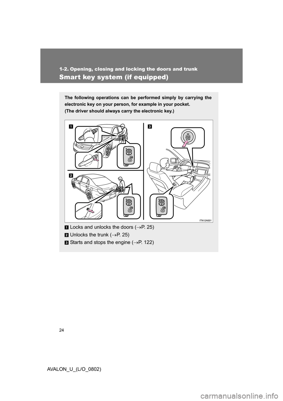 TOYOTA AVALON 2008 XX30 / 3.G Owners Manual 24
AVALON_U_(L/O_0802)
1-2. Opening, closing and locking the doors and trunk
Smart key system (if equipped)
The following operations can be performed simply by carrying the 
electronic key on your per
