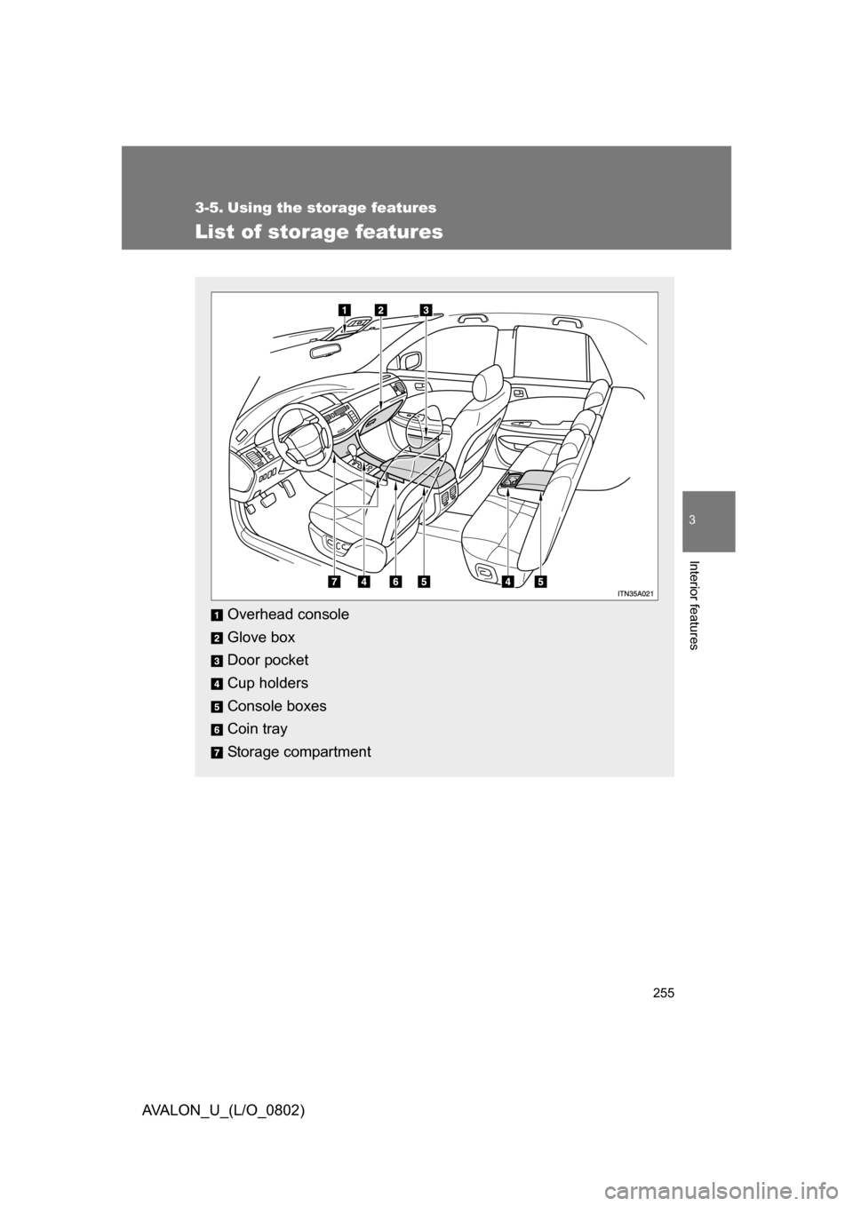 TOYOTA AVALON 2008 XX30 / 3.G Owners Manual 255
3
Interior features
AVALON_U_(L/O_0802)
3-5. Using the storage features
List of storage features
Overhead console
Glove box
Door pocket
Cup holders
Console boxes
Coin tray
Storage compartment 