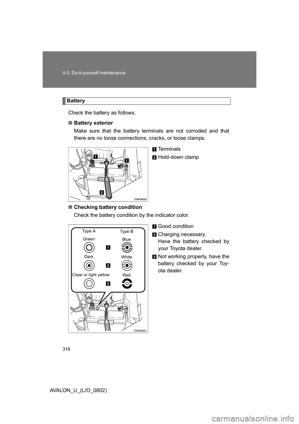 TOYOTA AVALON 2008 XX30 / 3.G Owners Manual 318 4-3. Do-it-yourself maintenance
AVALON_U_(L/O_0802)
BatteryCheck the battery as follows.
■ Battery exterior
Make sure that the battery terminals are not corroded and that
there are no loose con TOYOTA AVALON 2008 XX30 / 3.G Owners Manual 318 4-3. Do-it-yourself maintenance
AVALON_U_(L/O_0802)
BatteryCheck the battery as follows.
■ Battery exterior
Make sure that the battery terminals are not corroded and that
there are no loose con
