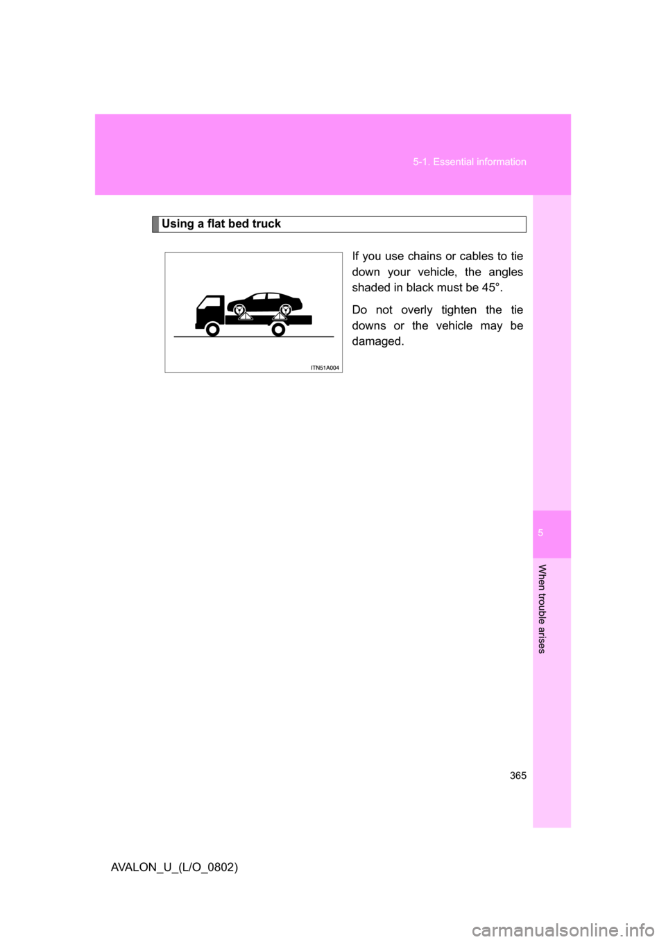 TOYOTA AVALON 2008 XX30 / 3.G Owners Manual 5
When trouble arises
365
5-1. Essential information
AVALON_U_(L/O_0802)
Using a flat bed truck
If you use chains or cables to tie 
down your vehicle, the angles 
shaded in black must be 45°.
Do not 