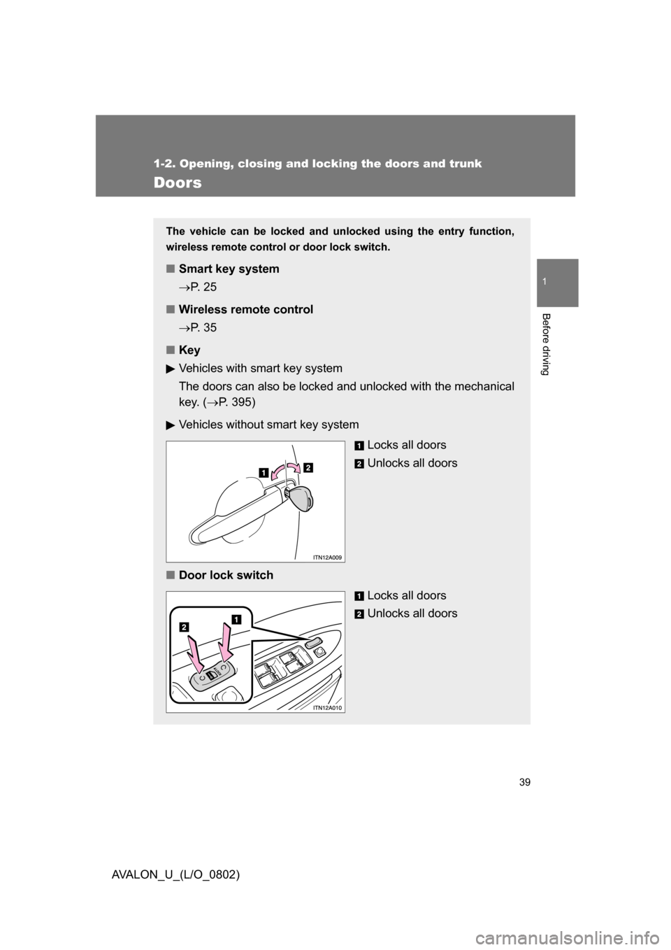 TOYOTA AVALON 2008 XX30 / 3.G Owners Guide 39
1
1-2. Opening, closing and locking the doors and trunk
Before driving
AVALON_U_(L/O_0802)
Doors
The vehicle can be locked and unlocked using the entry function,
wireless remote control or door lo TOYOTA AVALON 2008 XX30 / 3.G Owners Guide 39
1
1-2. Opening, closing and locking the doors and trunk
Before driving
AVALON_U_(L/O_0802)
Doors
The vehicle can be locked and unlocked using the entry function,
wireless remote control or door lo