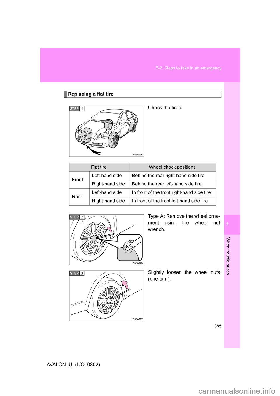 TOYOTA AVALON 2008 XX30 / 3.G Owners Manual 5
When trouble arises
385
5-2. Steps to take in an emergency
AVALON_U_(L/O_0802)
Replacing a flat tire
Chock the tires.
Type A: Remove the wheel orna-
ment using the wheel nut 
wrench.
Slightly loosen