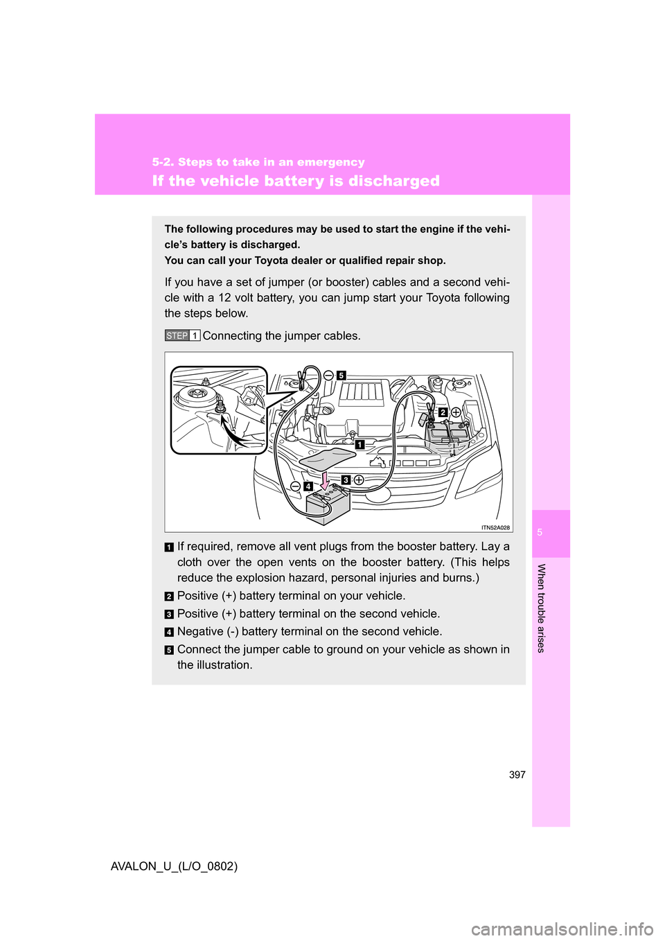 TOYOTA AVALON 2008 XX30 / 3.G Owners Manual 5
When trouble arises
397
5-2. Steps to take in an emergency
AVALON_U_(L/O_0802)
If the vehicle batter y is discharged
The following procedures may be used to start the engine if the vehi-
cle’s bat