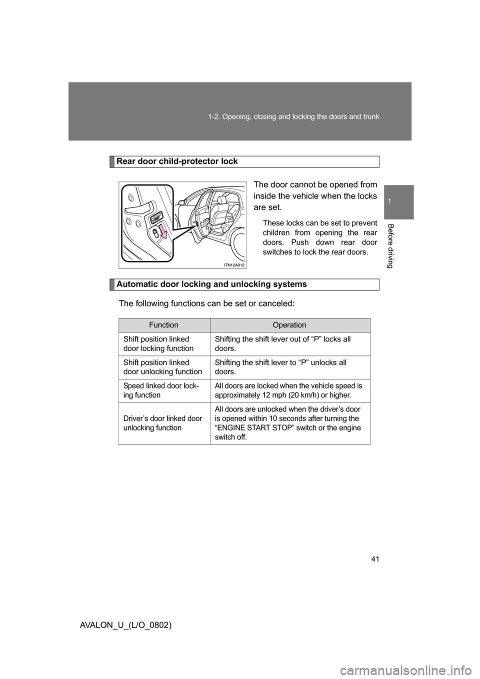 TOYOTA AVALON 2008 XX30 / 3.G Owners Manual 41
1-2. Opening, closing and locking the doors and trunk
1
Before driving
AVALON_U_(L/O_0802)
Rear door child-protector lock
The door cannot be opened from
inside the vehicle when the locks
are set. TOYOTA AVALON 2008 XX30 / 3.G Owners Manual 41
1-2. Opening, closing and locking the doors and trunk
1
Before driving
AVALON_U_(L/O_0802)
Rear door child-protector lock
The door cannot be opened from
inside the vehicle when the locks
are set.