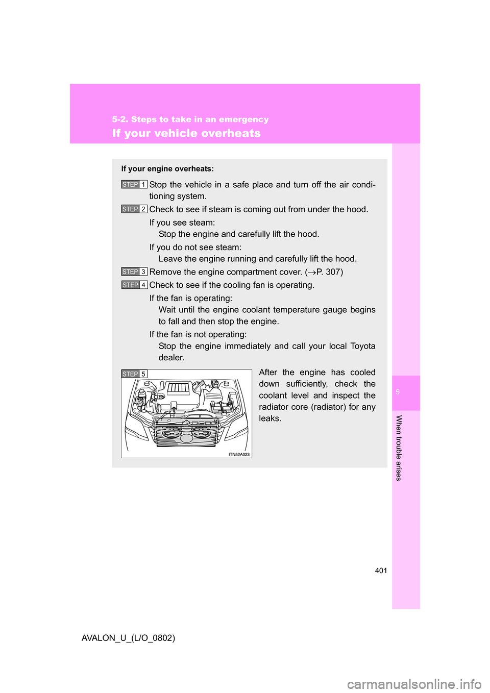 TOYOTA AVALON 2008 XX30 / 3.G Owners Guide 5
When trouble arises
401
5-2. Steps to take in an emergency
AVALON_U_(L/O_0802)
If your vehicle overheats
If your engine overheats:
Stop the vehicle in a safe place and turn off the air condi-
tionin