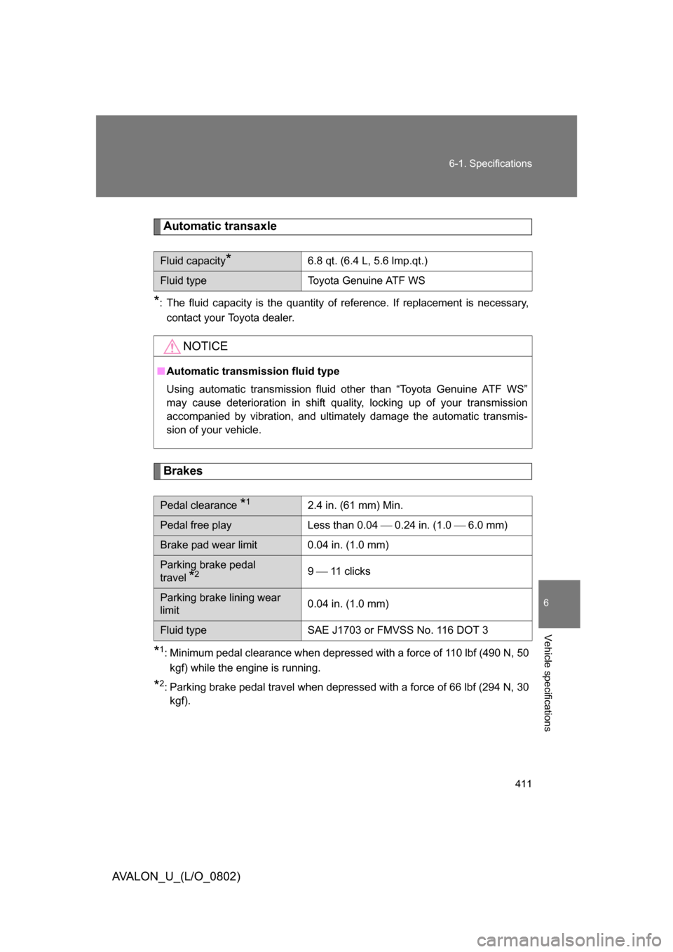 TOYOTA AVALON 2008 XX30 / 3.G Owners Manual 411
6-1. Specifications
6
Vehicle specifications
AVALON_U_(L/O_0802)
Automatic transaxle
*: The fluid capacity is the quantity of reference. If replacement is necessary, 
contact your Toyota dealer.
B