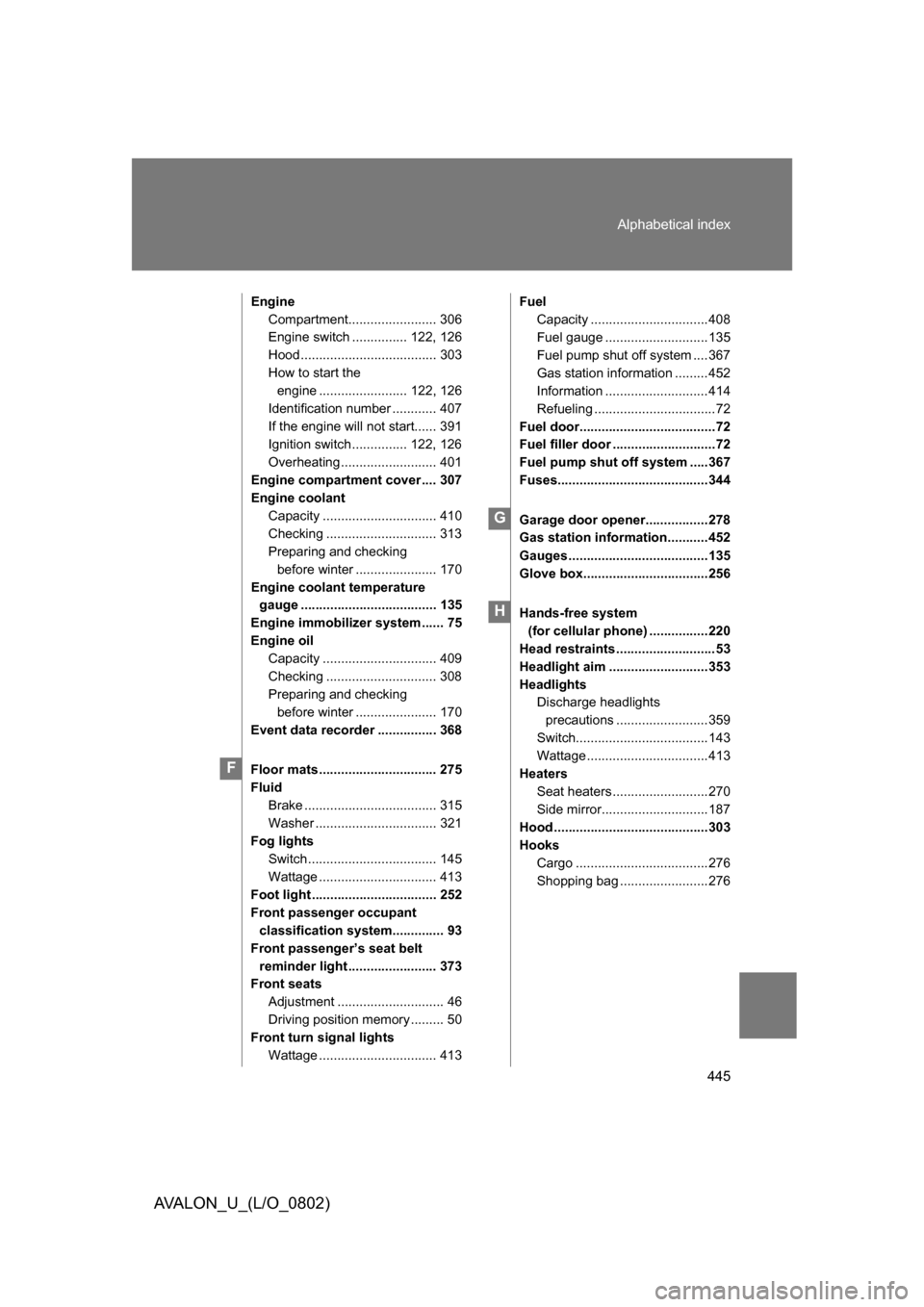 TOYOTA AVALON 2008 XX30 / 3.G Owners Manual 445
Alphabetical index
AVALON_U_(L/O_0802)
Engine
Compartment........................ 306
Engine switch ............... 122, 126
Hood ..................................... 303
How to start the engi
