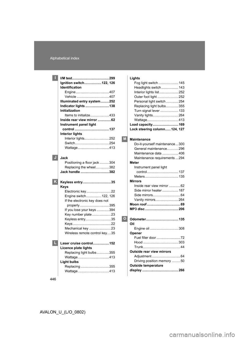 TOYOTA AVALON 2008 XX30 / 3.G Owners Manual 446 Alphabetical index
AVALON_U_(L/O_0802)
I/M test....................................... 299
Ignition switch .................. 122, 126
IdentificationEngine ...................................407
V