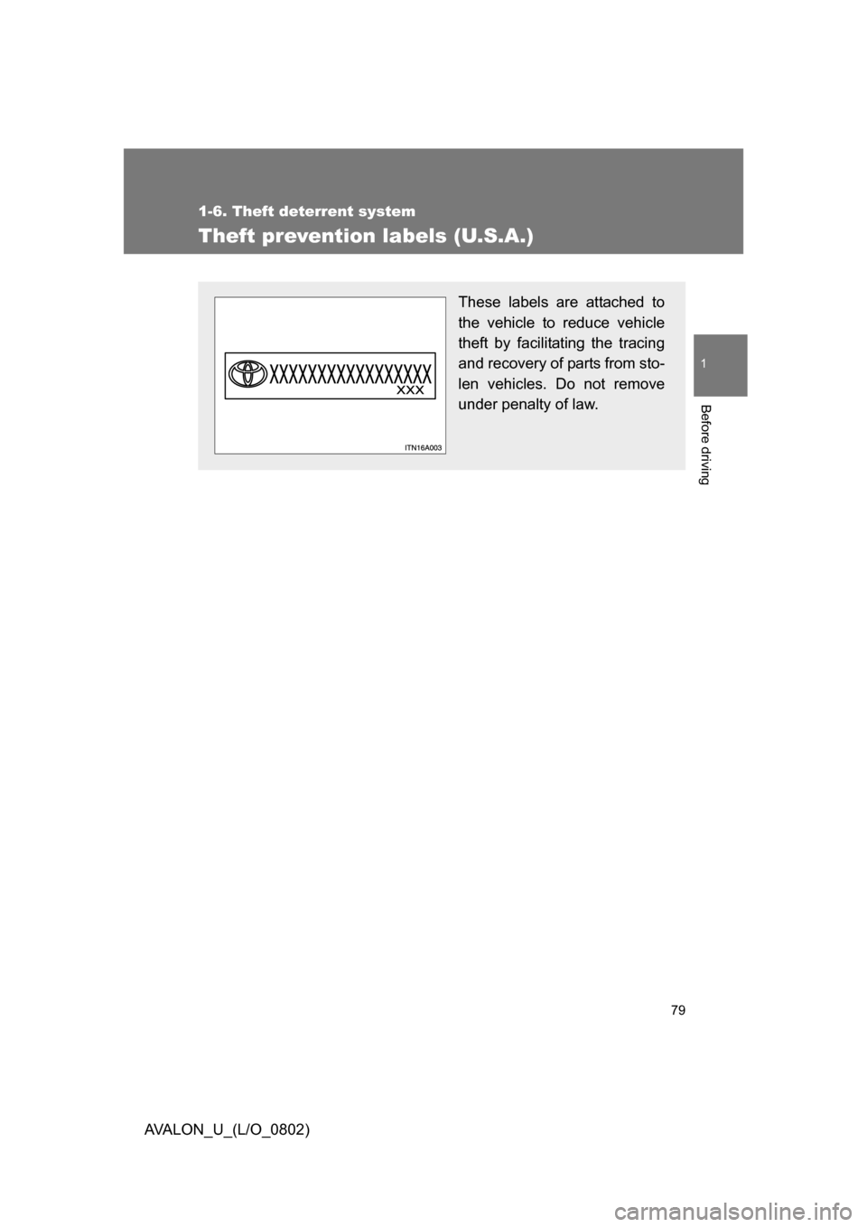 TOYOTA AVALON 2008 XX30 / 3.G Manual PDF 79
1
1-6. Theft deterrent system
Before driving
AVALON_U_(L/O_0802)
Theft prevention labels (U.S.A.)
These labels are attached to 
the vehicle to reduce vehicle 
theft by facilitating the tracing 
and
