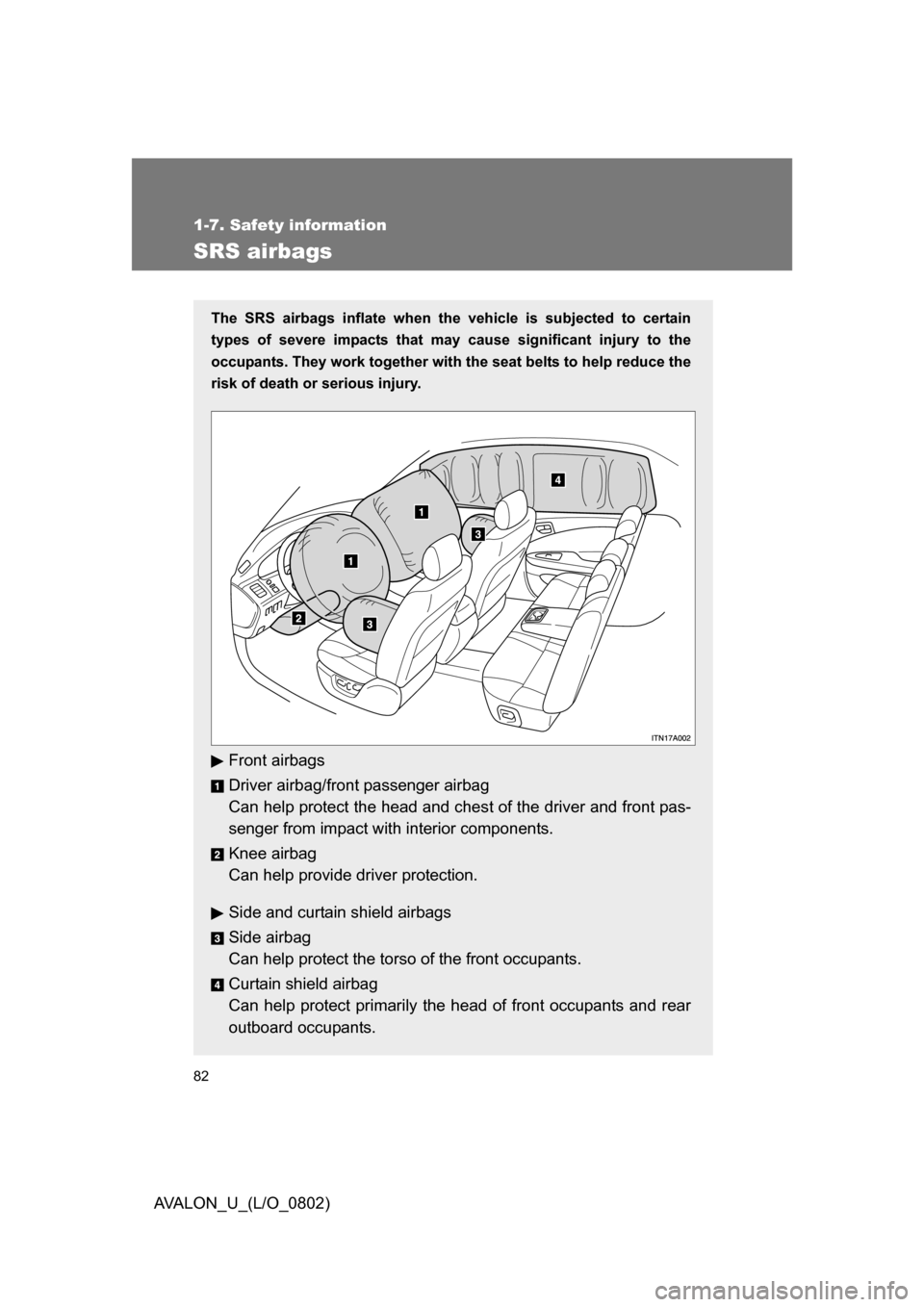 TOYOTA AVALON 2008 XX30 / 3.G Owners Manual 82
1-7. Safety information
AVALON_U_(L/O_0802)
SRS airbags
The SRS airbags inflate when the vehicle is subjected to certain 
types of severe impacts that may  cause significant injury to the 
occupant
