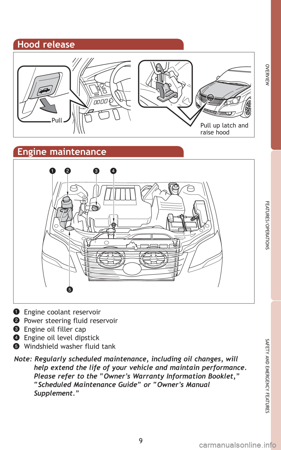 TOYOTA AVALON 2008 XX30 / 3.G Quick Reference Guide 9
OVERVIEW
FEATURES/OPERATIONS
SAFETY AND EMERGENCY FEATURES
Hood release
Pull up latch and
raise hoodPull
Engine coolant reservoir
Power steering fluid reservoir
Engine oil filler cap
Engine oil leve TOYOTA AVALON 2008 XX30 / 3.G Quick Reference Guide 9
OVERVIEW
FEATURES/OPERATIONS
SAFETY AND EMERGENCY FEATURES
Hood release
Pull up latch and
raise hoodPull
Engine coolant reservoir
Power steering fluid reservoir
Engine oil filler cap
Engine oil leve