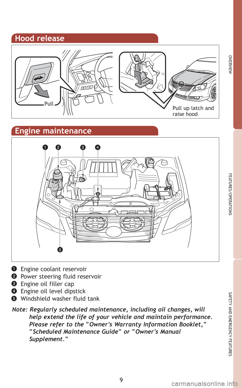 TOYOTA AVALON 2008 XX30 / 3.G Quick Reference Guide 9
OVERVIEW
FEATURES/OPERATIONS
SAFETY AND EMERGENCY FEATURES
Hood release
Pull up latch and
raise hoodPull
Engine coolant reservoir
Power steering fluid reservoir
Engine oil filler cap
Engine oil leve