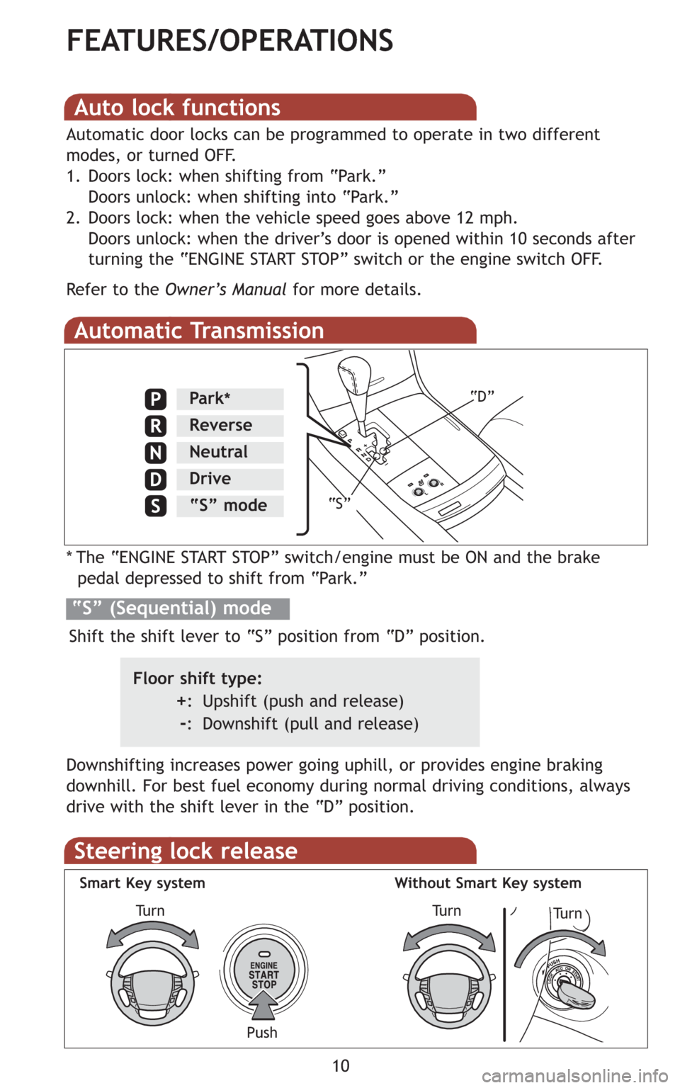 TOYOTA AVALON 2008 XX30 / 3.G Quick Reference Guide 10
FEATURES/OPERATIONS
Automatic Transmission
* The “ENGINE START STOP” switch/engine must be ON and the brake
pedal depressed to shift from “Park.”
Downshifting increases power going uphill, TOYOTA AVALON 2008 XX30 / 3.G Quick Reference Guide 10
FEATURES/OPERATIONS
Automatic Transmission
* The “ENGINE START STOP” switch/engine must be ON and the brake
pedal depressed to shift from “Park.”
Downshifting increases power going uphill,