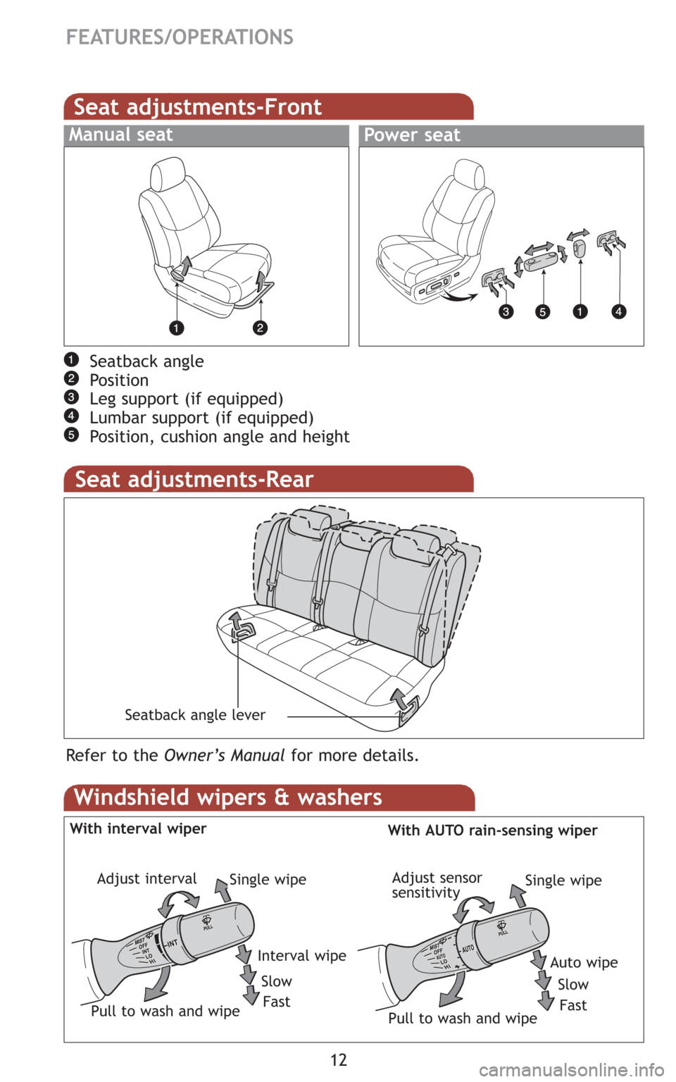 TOYOTA AVALON 2008 XX30 / 3.G Quick Reference Guide 12
FEATURES/OPERATIONS
Seat adjustments-Rear
Refer to the Owner’s Manualfor more details.
Seat adjustments-Front
Seatback angle
Position
Leg support (if equipped)
Lumbar support (if equipped)
Positi TOYOTA AVALON 2008 XX30 / 3.G Quick Reference Guide 12
FEATURES/OPERATIONS
Seat adjustments-Rear
Refer to the Owner’s Manualfor more details.
Seat adjustments-Front
Seatback angle
Position
Leg support (if equipped)
Lumbar support (if equipped)
Positi