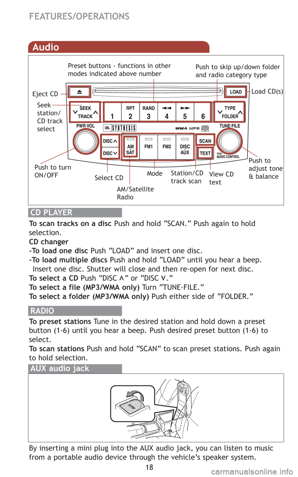 TOYOTA AVALON 2008 XX30 / 3.G Quick Reference Guide 18
FEATURES/OPERATIONS
Audio
Eject CD
Push to turn
ON/OFFView CD
text Seek
station/
CD track
select
AM/Satellite
RadioMode Preset buttons - functions in other
modes indicated above number
Push to skip TOYOTA AVALON 2008 XX30 / 3.G Quick Reference Guide 18
FEATURES/OPERATIONS
Audio
Eject CD
Push to turn
ON/OFFView CD
text Seek
station/
CD track
select
AM/Satellite
RadioMode Preset buttons - functions in other
modes indicated above number
Push to skip