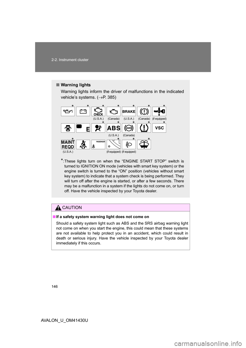 TOYOTA AVALON 2009 XX30 / 3.G User Guide 146 2-2. Instrument cluster
AVALON_U_OM41430U
CAUTION
■If a safety system warning light does not come on 
Should a safety system light such  as ABS and the SRS airbag warning light
not come on when 