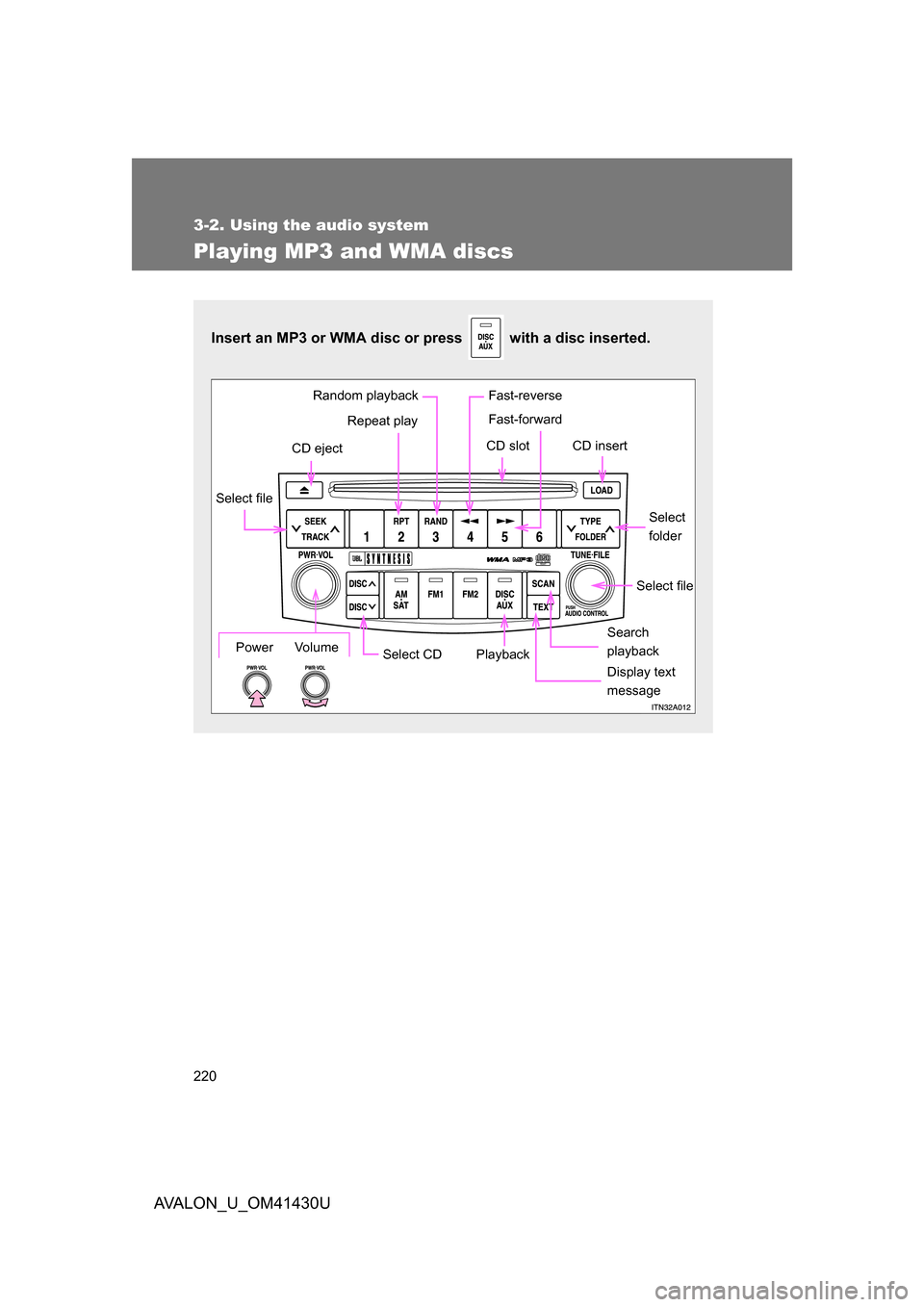 TOYOTA AVALON 2009 XX30 / 3.G Owners Manual 220
3-2. Using the audio system
AVALON_U_OM41430U
Playing MP3 and WMA discs
Insert an MP3 or WMA disc or press   with a disc inserted. 
Select CDSearch 
playback
Random playback
Repeat play
CD eject
P