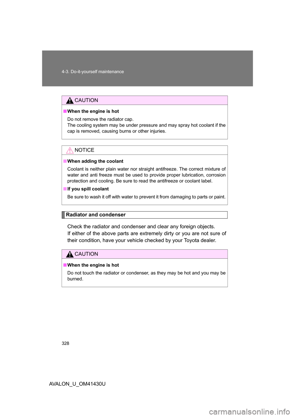 TOYOTA AVALON 2009 XX30 / 3.G Owners Manual 328 4-3. Do-it-yourself maintenance
AVALON_U_OM41430U
Radiator and condenserCheck the radiator and condenser and clear any foreign objects. 
If either of the above parts are ex tremely dirty or you ar