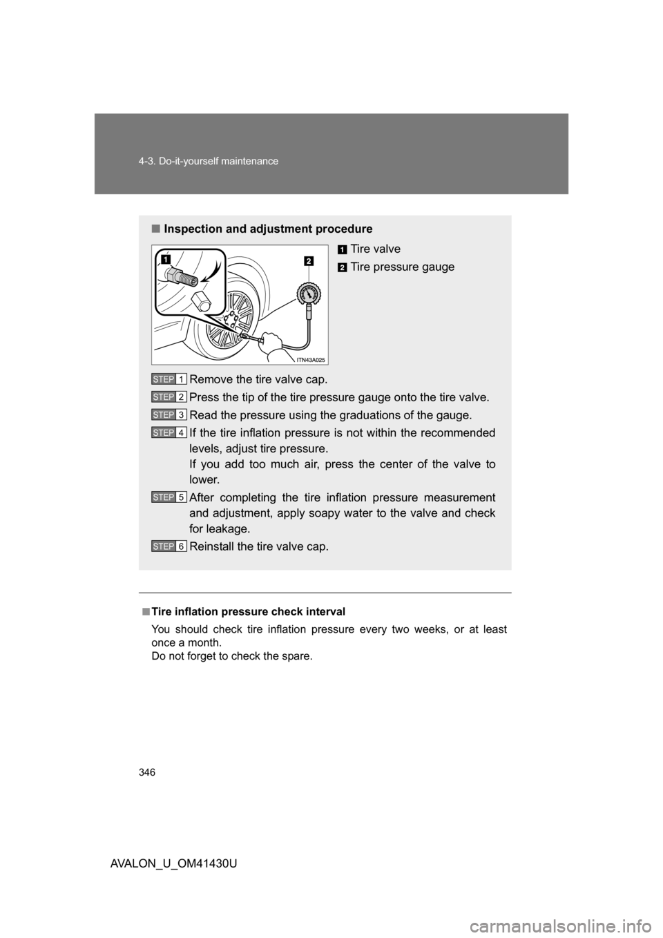 TOYOTA AVALON 2009 XX30 / 3.G Owners Manual 346 4-3. Do-it-yourself maintenance
AVALON_U_OM41430U
.
■Tire inflation pressure check interval
You should check tire inflation pressure every two weeks, or at least
once a month.
Do not forget to c