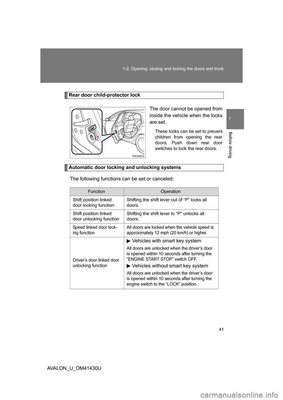TOYOTA AVALON 2009 XX30 / 3.G Owners Manual 41
1-2. Opening, closing and locking the doors and trunk
1
Before driving
AVALON_U_OM41430U
Rear door child-protector lock
The door cannot be opened from
inside the vehicle when the locks
are set.
The